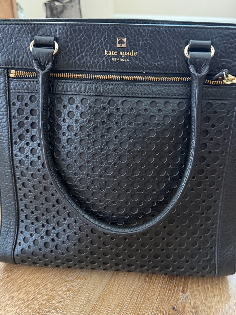 kate spade Black Perforated Leather Tote with Gold Hardware